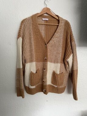 Neutral Block Stripe Knit Cardigan - Camel & Cream